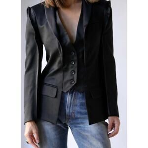 R13 Women's Flat Sleeve Tuxedo Blazer Jacket Black Satin Sheep Wool Small